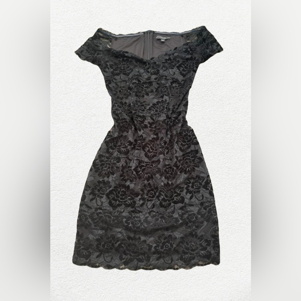 Guess Black Sheath Midi Dress V-neck Cap Sleeve